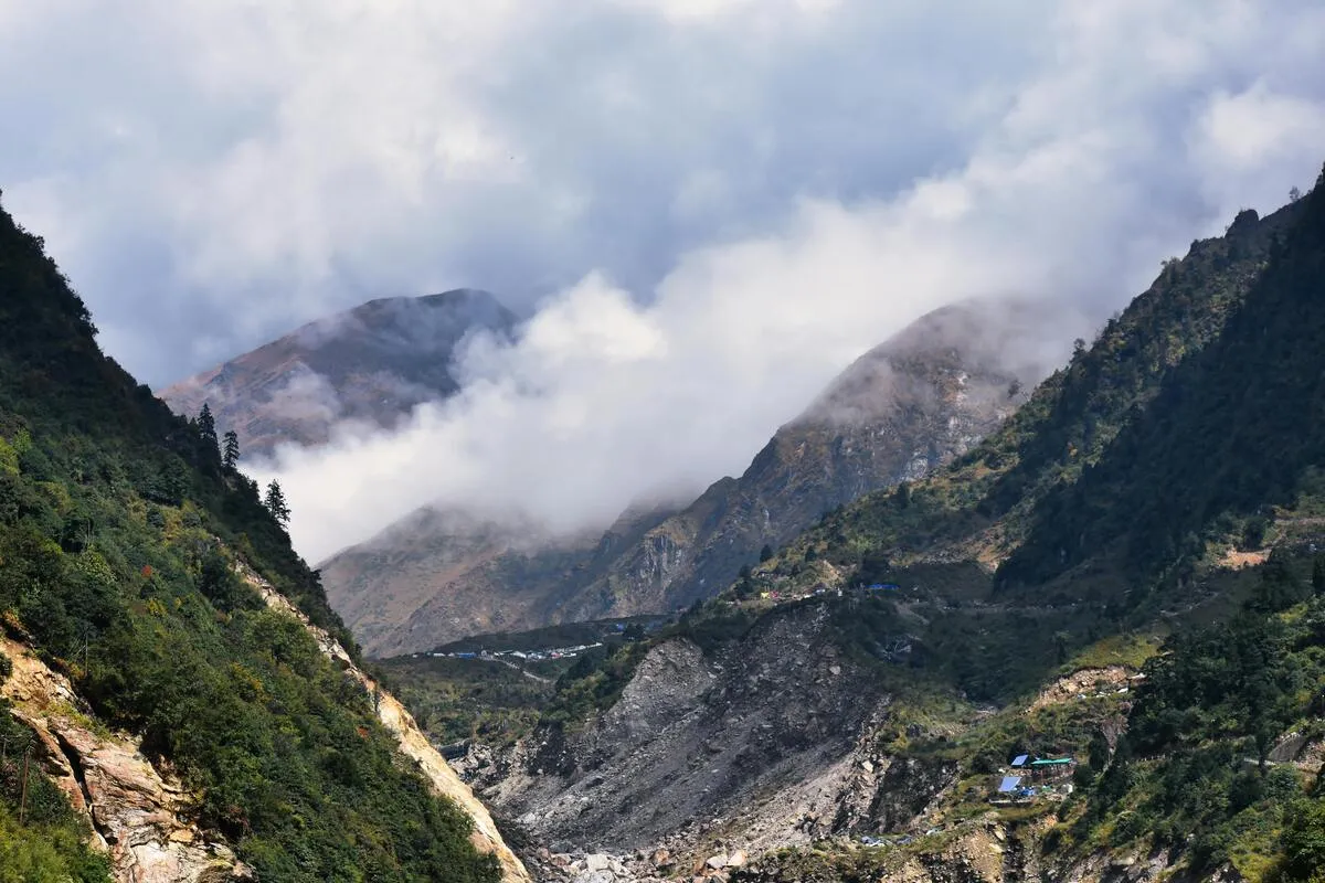 Massive landslide blocking a mountain road in Uttarakhand after heavy rainfall in the Himalayas