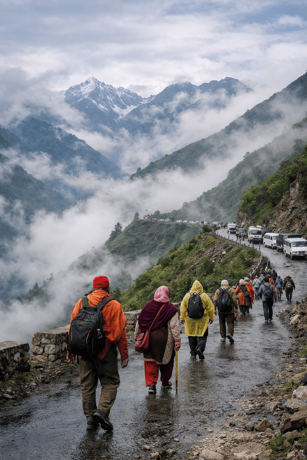 Pilgrims traveling along a mountain road during the Char Dham Yatra in the Himalayas