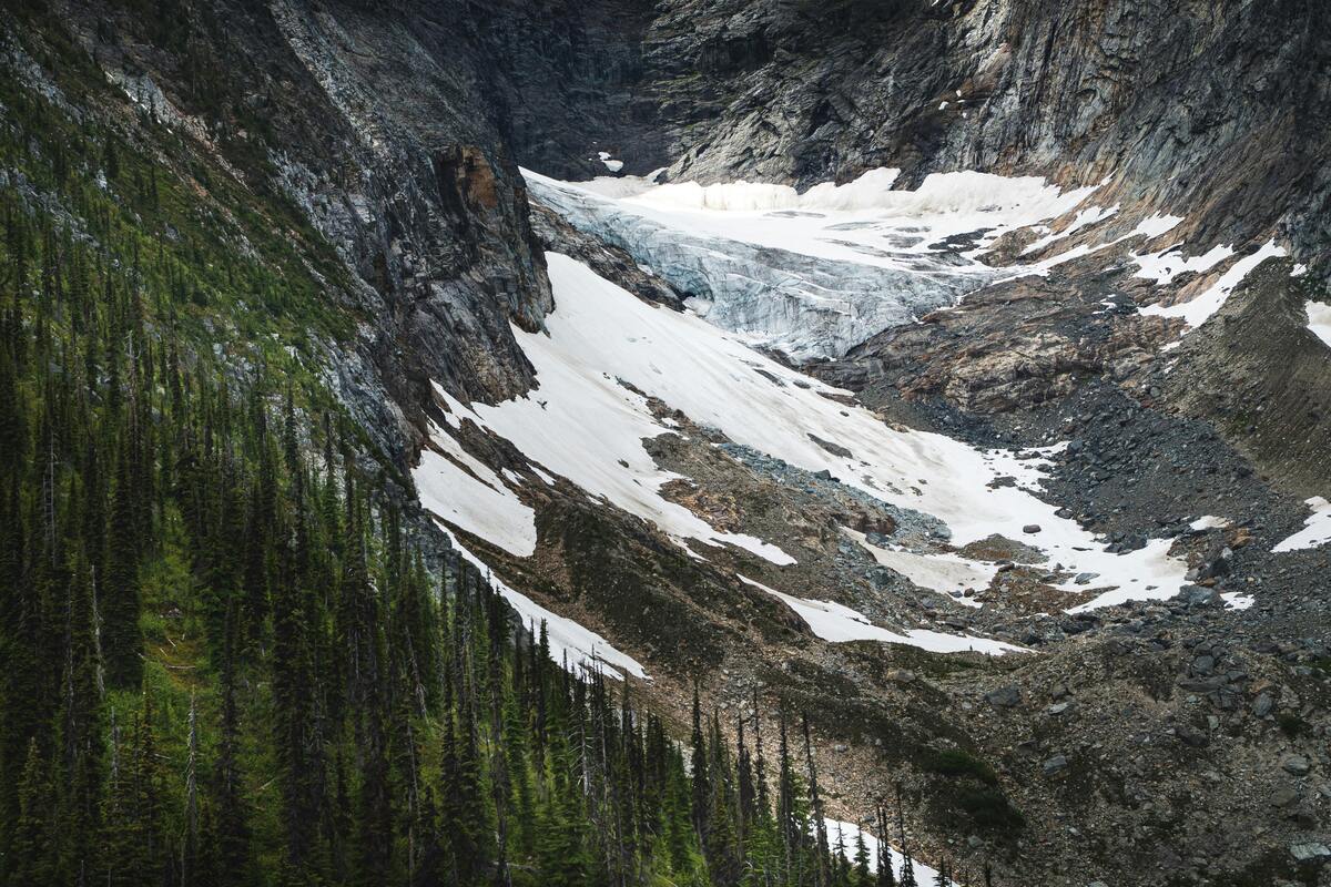 Melting glacier in the Himalayan mountains showing reduced snow cover during warmer summer