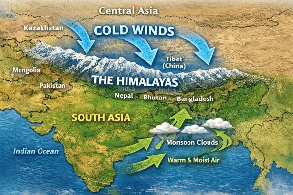 Himalayas blocking cold winds from Central Asia and protecting India