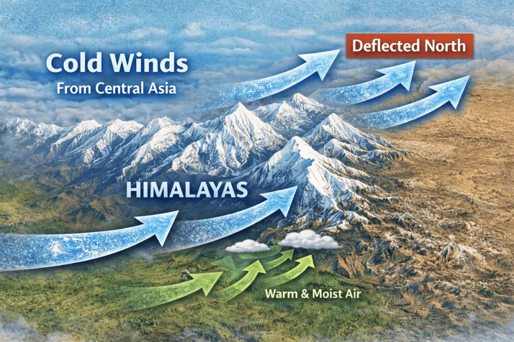 Diagram explaining how the Himalayas protect India from cold winds